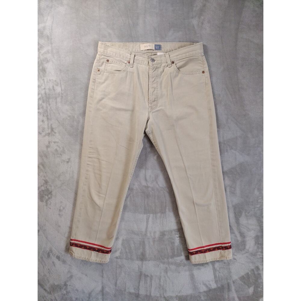 VTG Gap Jeans Womens 12 Boy-Fit Beige Customized Red Beaded Trim Made In USA